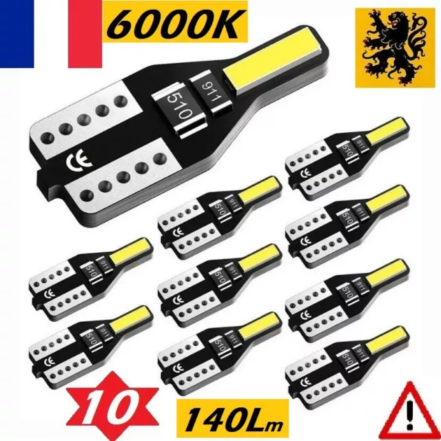 ⚠️ 10x T10 W5W LED 2 SMD 7020 140Lm ⚡ Blanc 6000k ✨ 12V Ultra Compacts ISO ✅