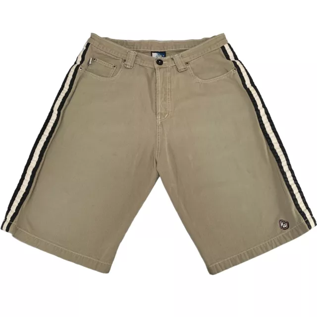 VTG 1990s Kik Wear Long Skate Rave Shorts Cotton Tan Black White Stripe Waist 36