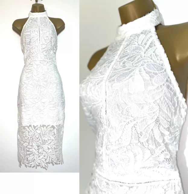 QUIZ Size 10 White Floral Lace Halterneck Midi Dress Summer Holiday Wedding VGC