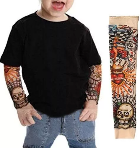 EZI 2 Pcs Fake Nylon Kid Temporary Fake Tattoo Sleeves Arm Stockings Goth Punk