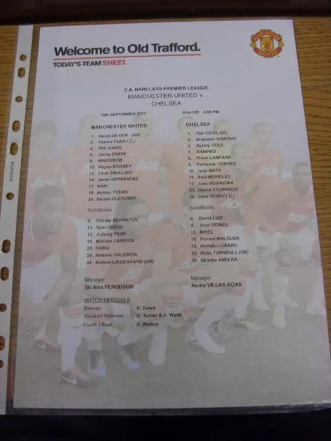 18/09/2011 Colour Teamsheet: Manchester United v Chelsea  . Thanks for viewing o