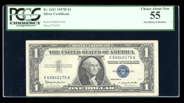 DBR $1 1957-B Silver Fr. 1621 VA Block PCGS 55 Serial V68840178A