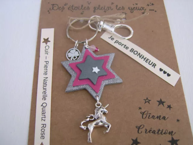Porte clé clef Porte Bonheur Bijou de sac Licorne Cheval Etoile Cuir Rose Pierre