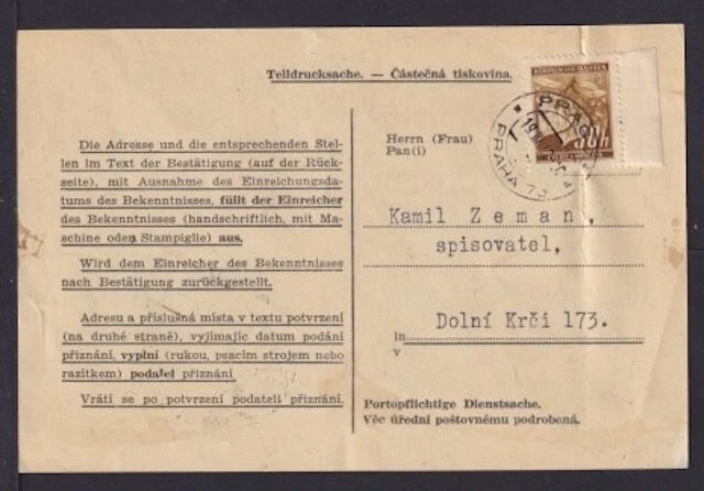 1943 - 30 H. auf "Teildrucksache" ab Praha (20042300)