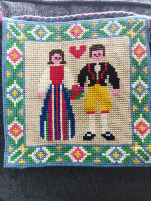Lovely Couple Swedish Vintage Cross Stitched wall decor. Square 11 inches