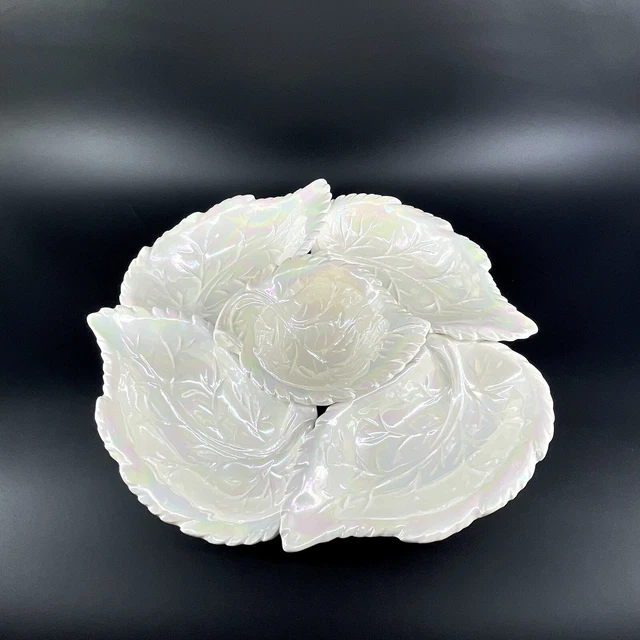 Vtg 5 Pc California Pottery 594 Lettuce/Cabbage Leaf Lazy Susan Set Lusterware