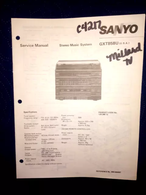 Sanyo Gxt858U Stereo Music System Original Service Manual
