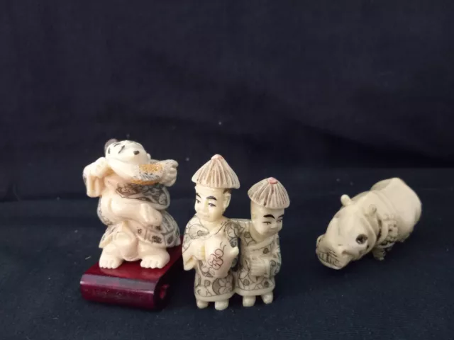 Vintage 3 Japanese-Style Asian Resin Figures Rhino Fishmonger Teaparty