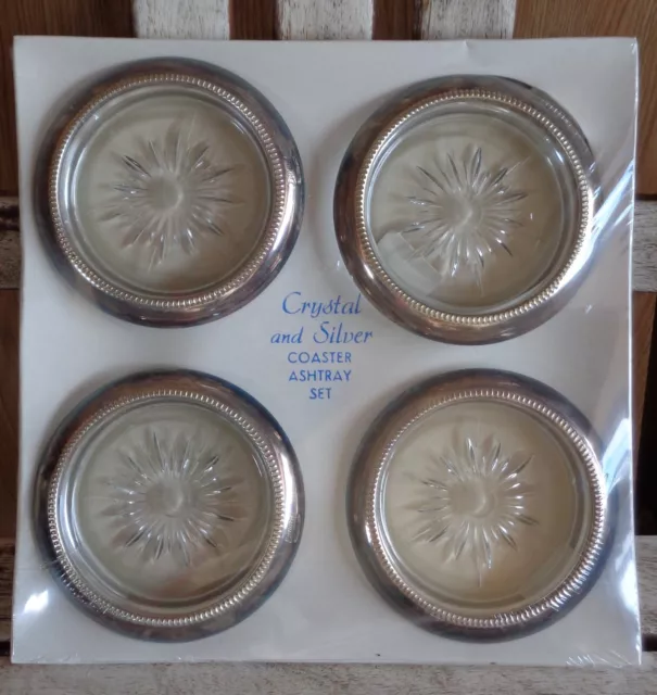 Vintage Set of 4 Genuine Crystal Silverplated Coaster Ashtrays Made in USA ~ NEW