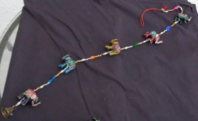Colorful Decorative Hanging Beaded String – HAND PAINTED ELEPHANTS – VGC –PRETTY