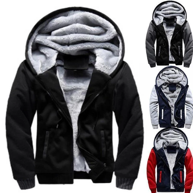 Men Winter Warm Sherpa Fleece Hoodie Zip Up Sweater Jacket Fur Lined Hooded Coat