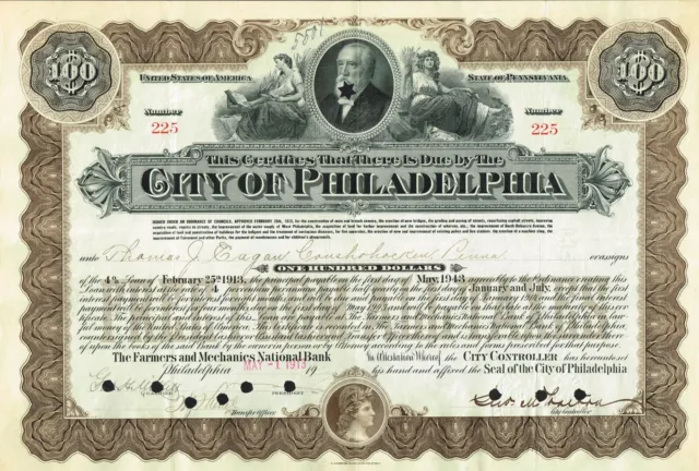 USA CITY OF PHILADELPHIA LOAN  stock certificate/bond $100