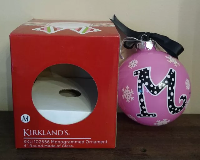 Monogram Letter "M" Pink Ball Christmas Ornament, 4" Glass, Kirkland's, Glittery