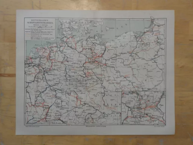 Orig.(1906) Lithographie Landkarte Deutschlands Schiffahrtstrassen