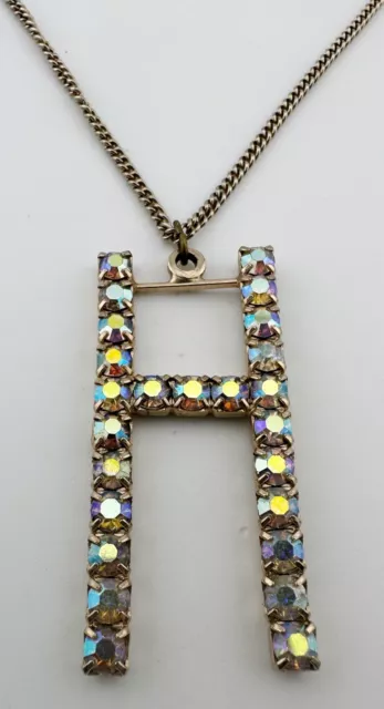 24” Vintage Gold Tone Necklace W “H” Initial AB Rhinestone Pendant IRN366