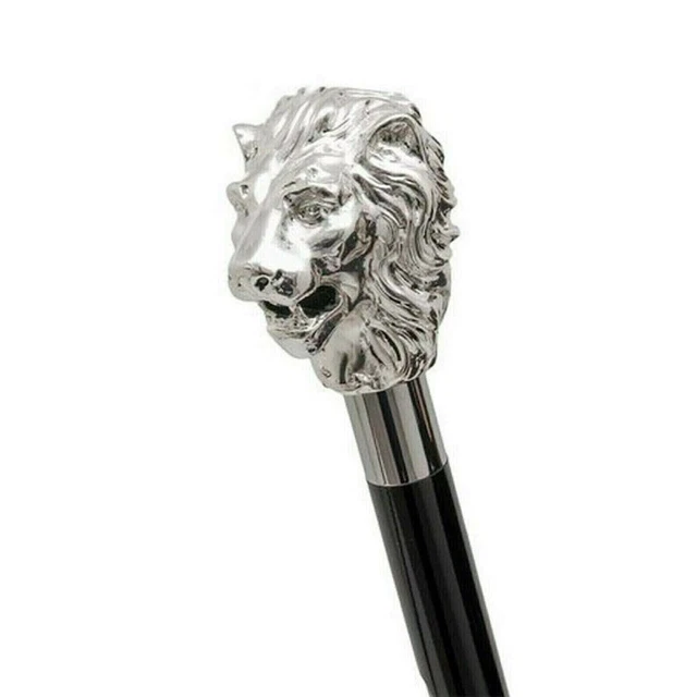 Antique VictorianSilver Lion Head Handle Wooden Walking Stick Two Fold Cane Gift