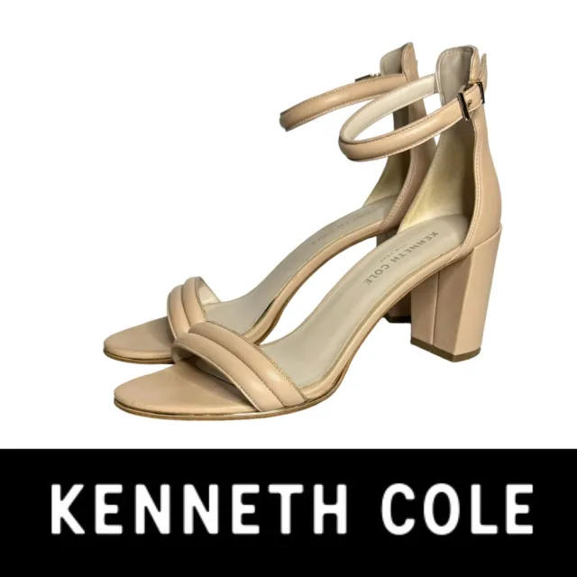 Kenneth Cole Ankle Strap Leather Sandals Women Size 8 Block Heel Adjustable Nude