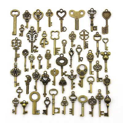 Vintage Antique Old Brass Skeleton 50 PCS/Set Keys Lot Retro Cabinet Barrel Lock