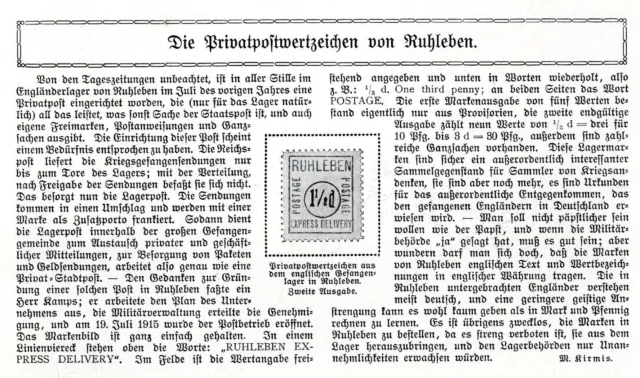 Die Privatpostwertzeichen von Ruhleben ( Gefangenenlager ) 1916 * WK 1