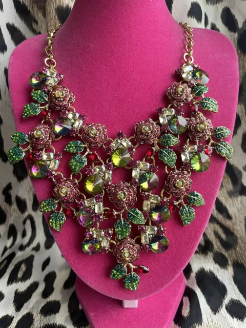 Betsey Johnson Garden Of Excess Pink Crystal Rose Bush Blood Bib Necklace RARE