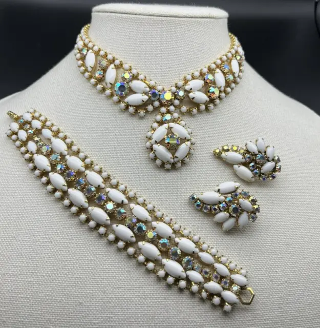Vintage Dimi-Parure White Crystal and Aurora Borealis Necklace Bracelet Earrings