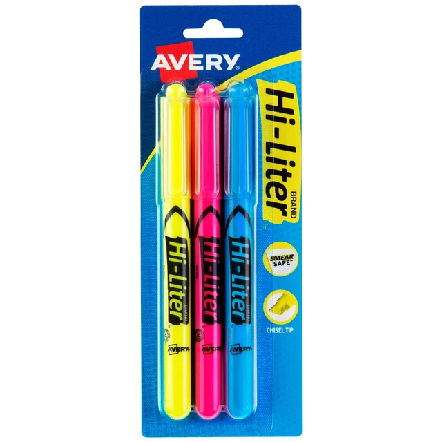 Avery Hi-Liter Pen-Style Highlighters, Smear Safe Ink, Chisel Tip, 3 Assorted...