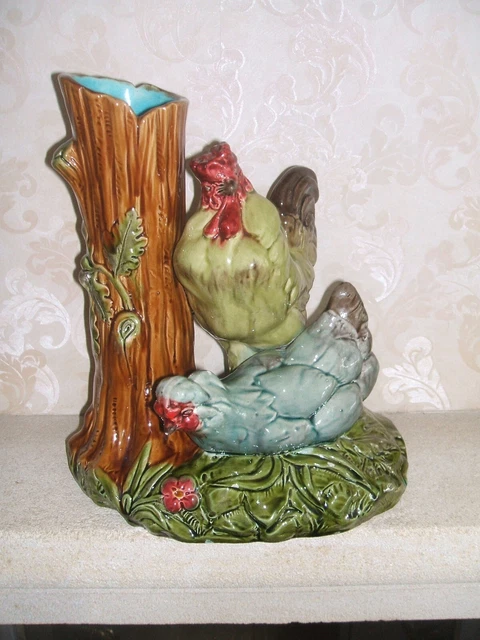 Ancienne Salière Double Poule Et Coq Barbotine - Saleron Animalier Vintage - Collection