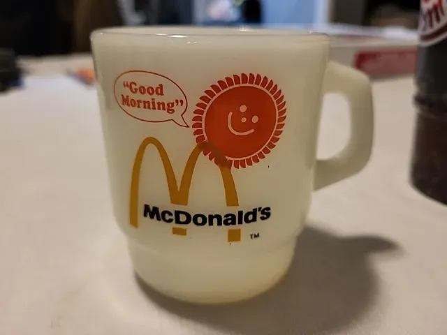 McDonalds “Good Morning” Sun White Milk Glass Coffee Cup Mug Vintage Set Of 6