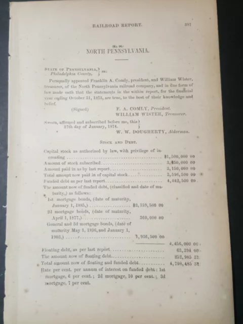 1874 train report NORTH PENNSYLVANIA RAILROAD Philadelphia Bethlehem Quakertown
