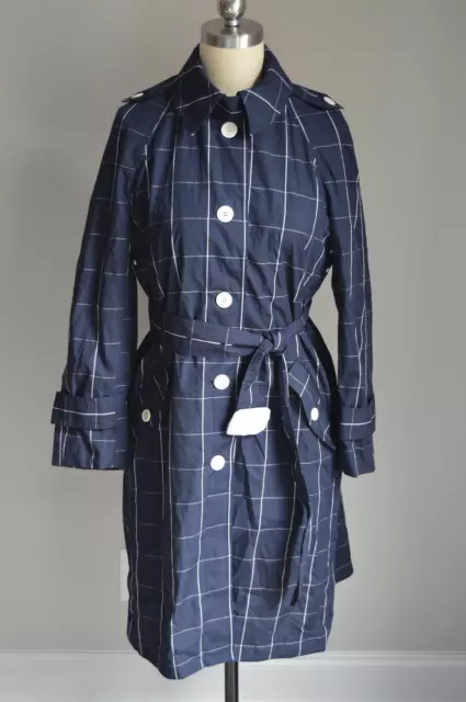 $258 JCREW Collection Trench Coat in Windowpane Navy Blue Cream 00P G4339 NWT