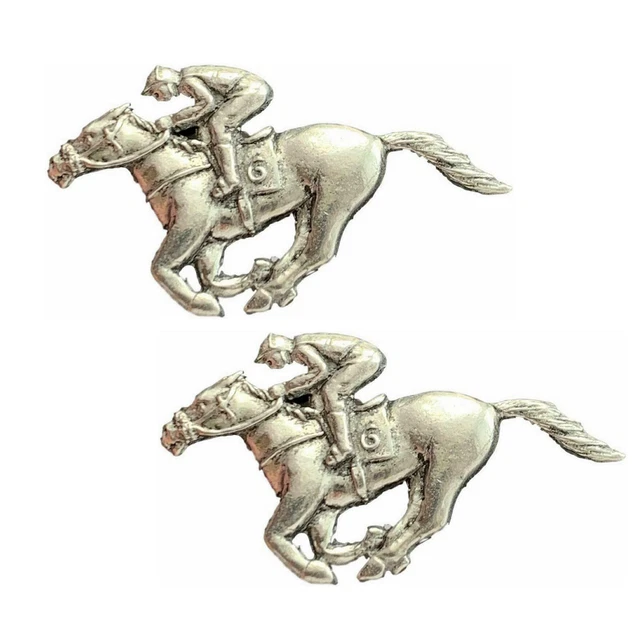 2X Ecuestre Caballo de Carreras Y Jockey Hecho a Mano De Peltre Inglés Pin