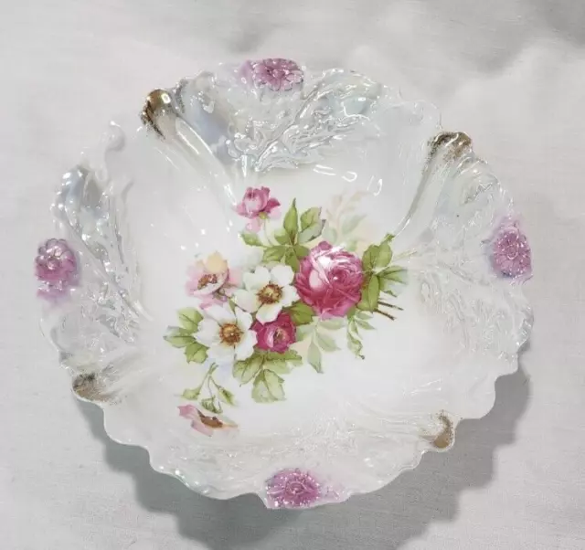 P S  Germany Vintage Floral Serving Bowl Antique Hand Iridescent Scalloped Pink