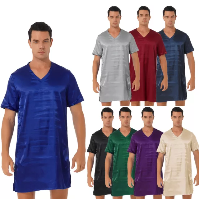 Men's Short Sleeve Shirt V-Neck Nightgown Soft Loose Nightshirt Pajama Nightwear