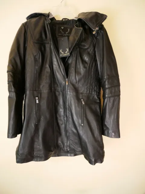 BRAND NEW Bod Christensen Black Hooded Women's leather jacket Size M with tags