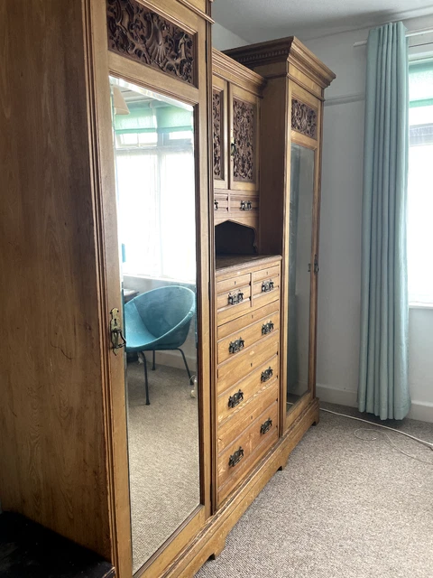 Edwardian Antique Mahogany Triple Compactum Wardrobe Mirror Doors With Drawers 2