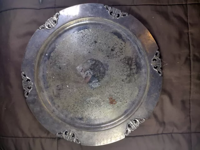 Vintage Round Tray Etched Large Solid Silver Plated Decor Beautiful 12.5 “