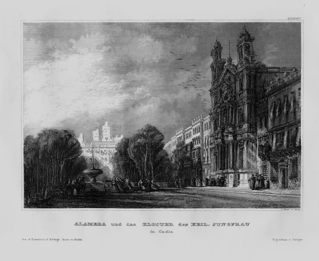 1840 - Cadiz Cadix Alameda Kloster heilige Jungfrau Spanien engraving Stahlstich