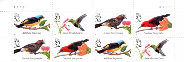 US Scott # 3222-25 TROPICAL BIRDS (1998) Plate Block strip 8 MHN 32¢ stamps @FV!