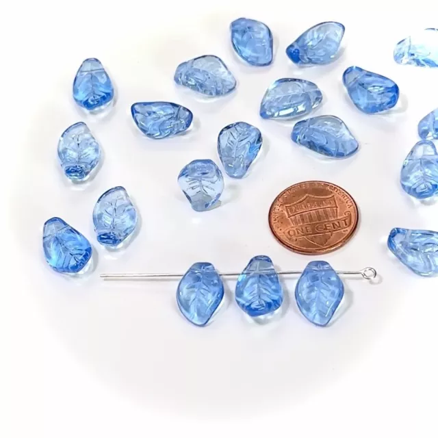 Czech Druk Glass Beads, Small Wavy Leaf Top Hole, 15x10mm, Sapphire blue 20pcs