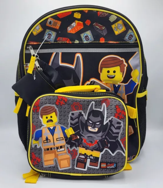 Batman Lego Movie 2 Backpack 4 pc set Lunch Bag Pencil Holder Lanyard Very Good