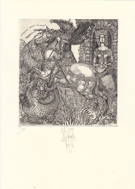 Exlibris Bookplate Radierung Harry Jürgens 1949 St. Georg Pferd Drache
