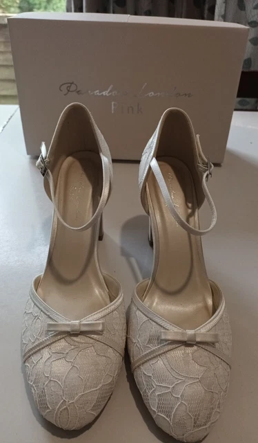 Paradox London scarpe rosa, avorio tinto raso/pizzo. Taglia 8-EU 41.