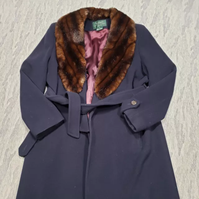 Lauren Ralph Lauren Coat Womens 10 Petite Blue Lambs Wool Faux Fur Collar Belted