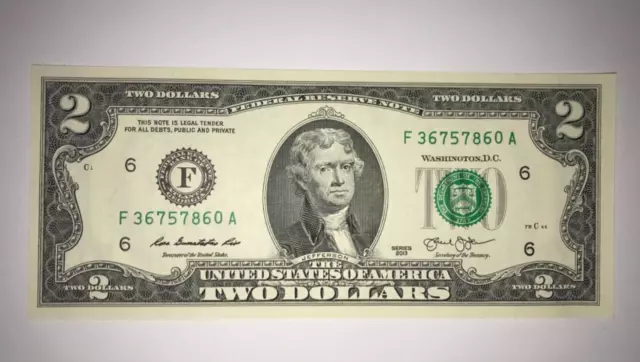 1 unzirkulierter 2 $ Zwei-Dollar-Schein USA F36757860A Glückstoken