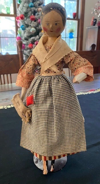 Antique German 12 1/2 ” Peg Wooden Grodnertal Doll Sewing Accessories Old Clothe