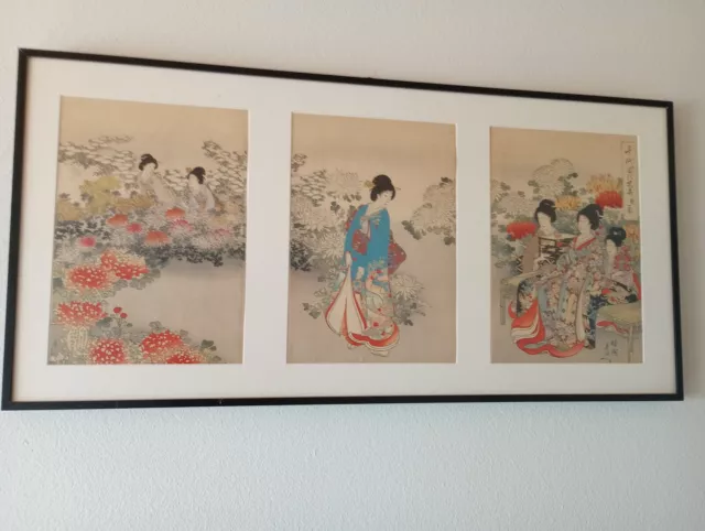 Antique Japanese woodblock print. Chikanobu triptych "beauties" in garden