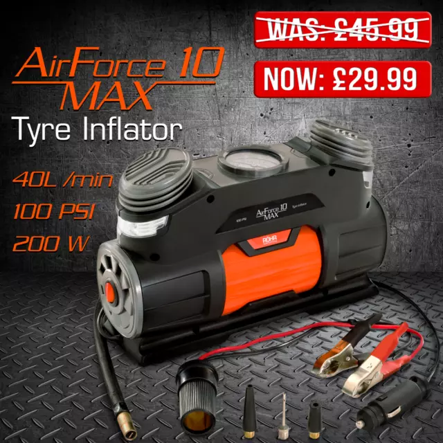 ROHR 12v Tyre Inflator - 100PSI 40L/Min Portable Air Compressor Airforce 10 Max