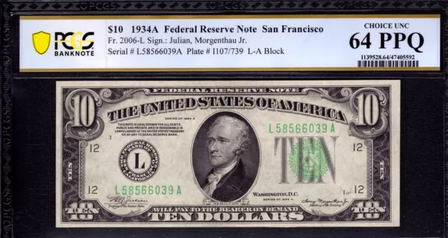 1934 A $10 Federal Reserve Note San Francisco Fr.2006-L La Block Pcgs Cu 64 Ppq
