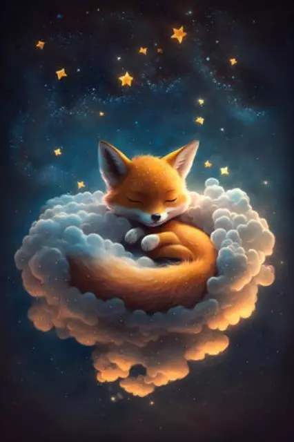Babyfuchs schläft auf Wolke mit Sternenhimmel. Generative KI. hochwertige Illust