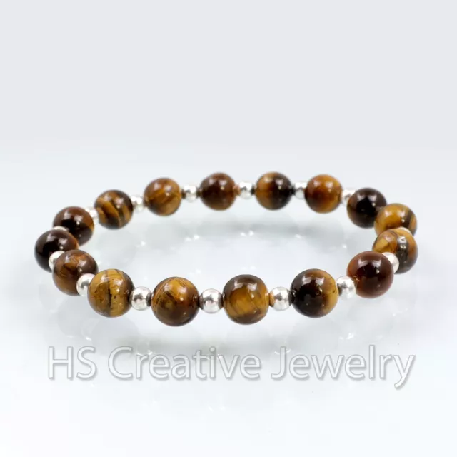 Natural Tiger Eye Beaded 925 Sterling Silver Stretch Bracelet for Unisex